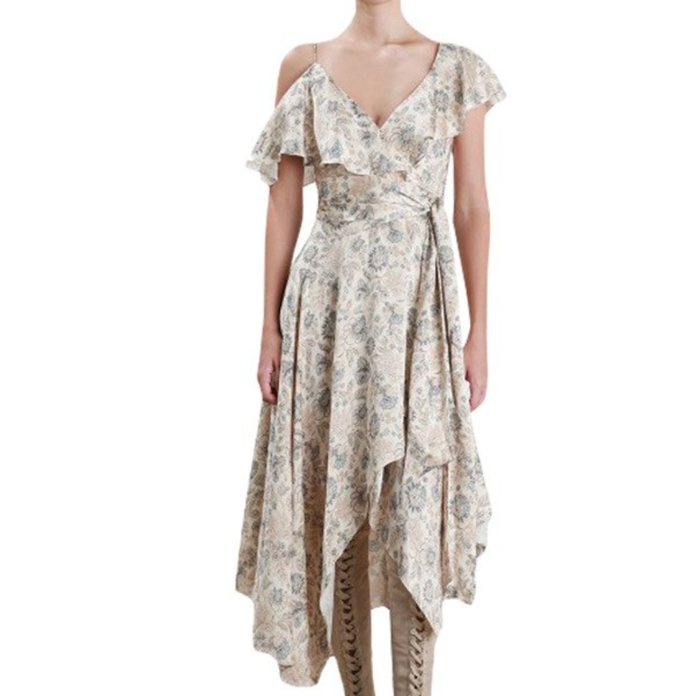 floral off the shoulder ruffle wrap dress